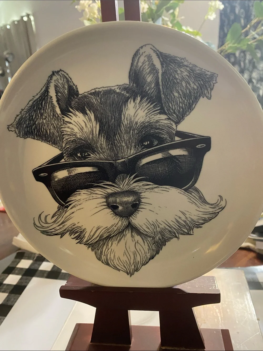 Williams Sonoma Rory Dobner Ink-Illustrated Schnauzer Dog Plate w/Sunglasses NEW